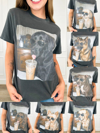 Grey short-sleeve graphic tee with dog wearing sunglasses holding an iced drink with straw