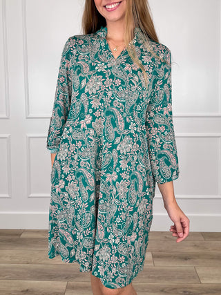 Green paisley floral wrinkle-free Gabby dress, V-neck front, 3/4 sleeves