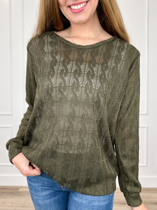 Olive green knit long-sleeve top with textured dot pattern and rounded neckline