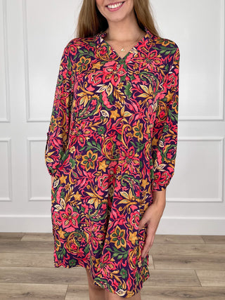 Plum floral print long-sleeve V-neck dress with gathered waist, knee length