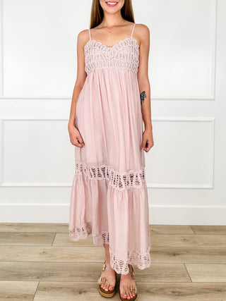 Steady as We Go pink Avery Mae dress with smocked bodice and lace-trim tiered hem