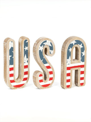 Wooden "USA" letter decor with blue stars and red-white stripes
