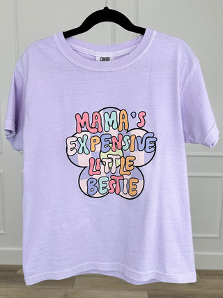 Kids cotton short-sleeve graphic tee in lavender with 'Mama's Expensive Little Bestie' print