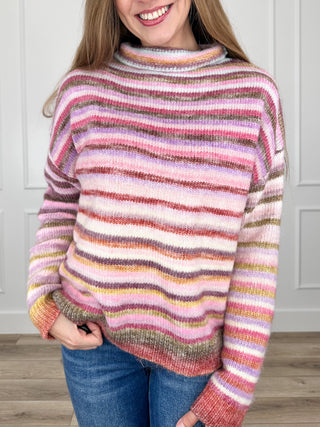 Multicolor knit long-sleeve mock neck sweater with horizontal striped pattern