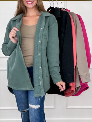 Taupe long-sleeve shacket with open front, point collar, button placket, and chest pockets