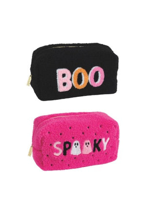 Black makeup bag with rounded top and “BOO” graphic