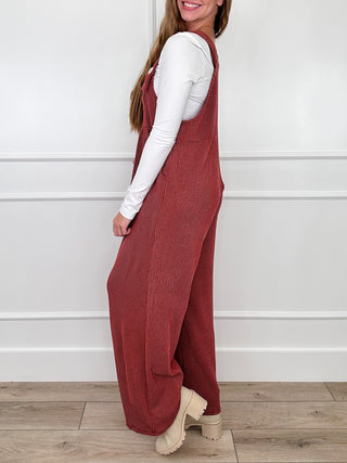 Wine red ribbed overalls jumper with adjustable straps and wide straight legs