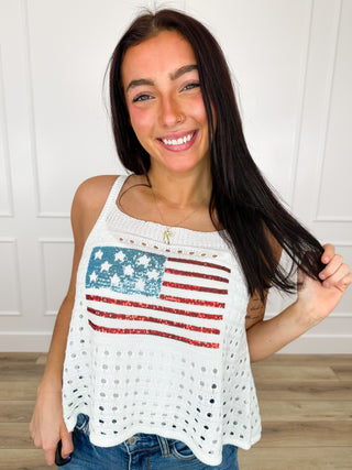 American Sequin Knit White Avery Mae Mom Cropped Tank Top