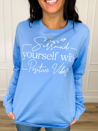 Positive Surroundings Cotton Long Sleeve Blue Avery Mae Graphic Tee Shirt (Bella+Canvas)