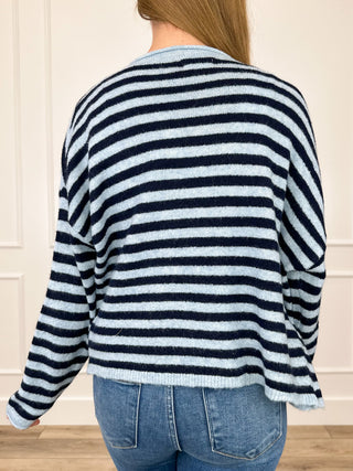 Long-sleeve button-up knit cardigan, red-and-white striped with button front