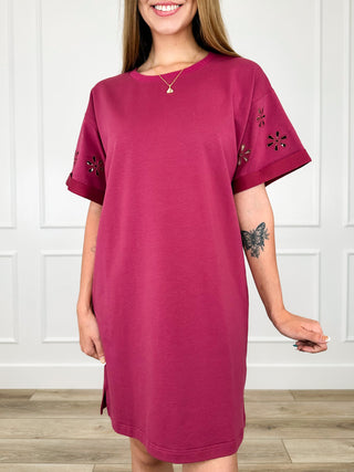 Wine red cotton-blend shift dress with embroidered eyelet sleeve accents