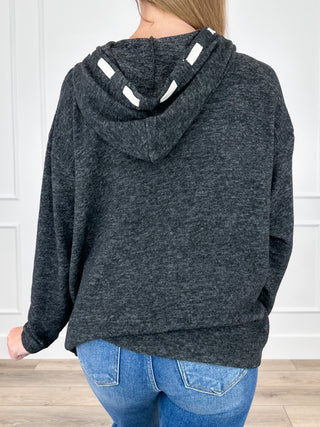 Black heather knit hooded long-sleeve top with white drawstring ties, back view.