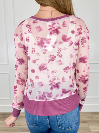 Back view of purple sheer mesh long-sleeve button-up cardigan with ribbed bottom