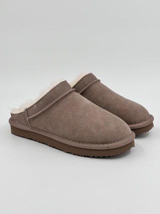 Taupe leather slip-on shoes with rounded toe and low dark rubber sole