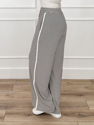 High-rise striped knit wide-leg pants with long drawstring tie, gray
