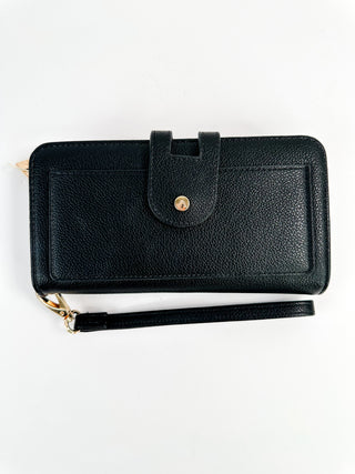 Faux leather wallet, black, front snap flap, wrist strap, gold hardware.