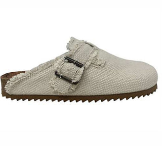 Basket 2 clogs, cream slip-on mule with textured fabric strap and buckle detail