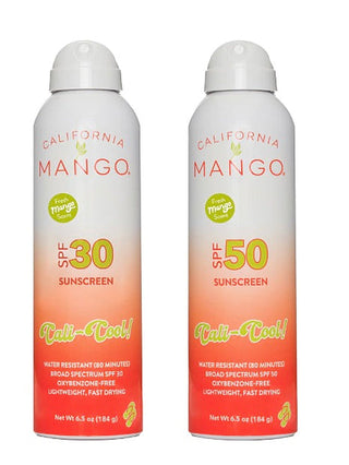 Sunscreen spray bottles, California Mango SPF 30 and SPF 50, 6.5 oz each