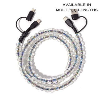 Beaded phone charger cable with black connectors and clear multicolor bead loops