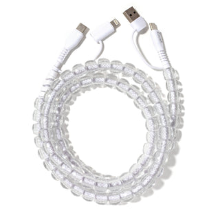 Clear beaded phone charger cable with USB-A connectors, coiled loop