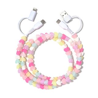 Heart-shaped beaded phone charger cable with pastel beads and USB connectors