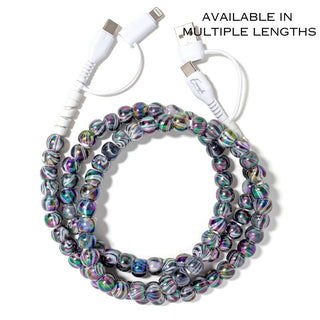 Beaded phone charger cable with multicolor iridescent beads and dual USB connectors