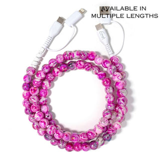 Marble pink beaded phone charger with USB and Lightning connectors, coiled cord