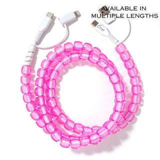 Pink beaded phone charger cable with USB connectors, coiled spiral design