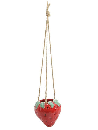 Hanging red strawberry planter with jute rope loop