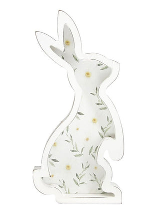 White wooden bunny shelf sitter with painted blossoms and leaves