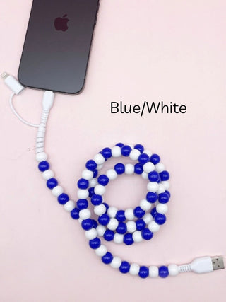 Blue and white beaded phone charger cable with USB connector and loop