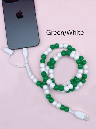 Green and white beaded phone charger cable with USB connector and coiled loop