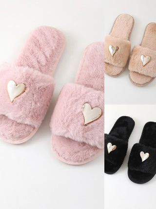Plush heart slippers, mauve-pink fuzzy slide style with gold heart appliques