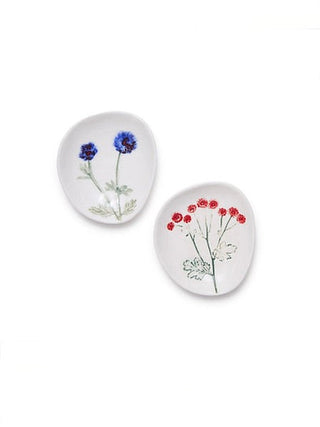 Set of 2 ceramic tidbit dishes with blue and red wildflower prints
