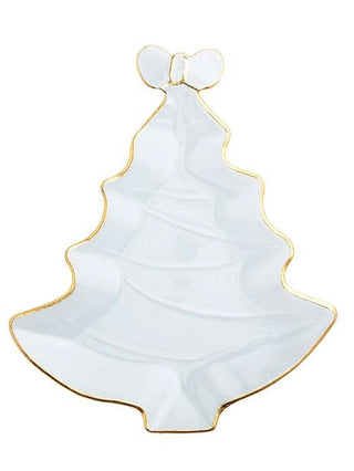 Clear tree-shaped glass platter with bow detail and gold-edged rim