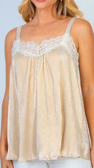White babydoll camisole with lace trim along neckline and vertical pintuck pleats