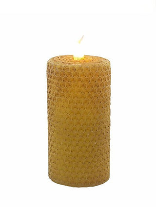 Honeycomb LED candle, cylindrical amber wax with glowing flame top