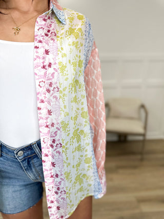 Easel Mixed Signals Sheer Long Sleeve Button Up Top