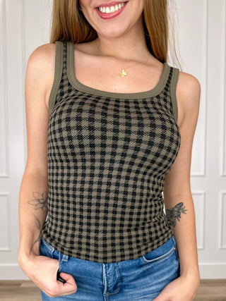 Olive green checkered cropped tank top with ribbed scoop neckline, sleeveless