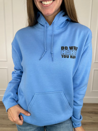 Blue long-sleeve hoodie with hood, drawstrings, and front graphic