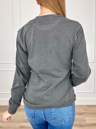 Grey cotton long-sleeve crew tee, back view, solid fabric with smooth neckline