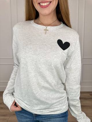 Light grey long-sleeve cotton-blend graphic T-shirt with black heart on chest