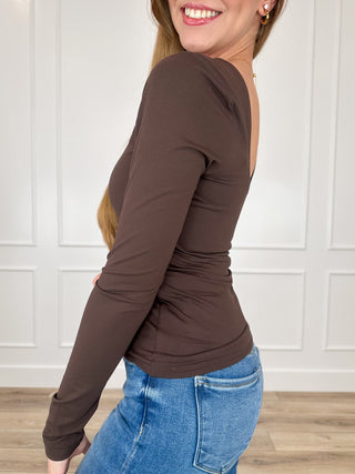 Dark brown long-sleeve scoop-neck top, fitted side profile