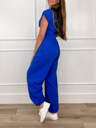 High-rise cotton blend set, royal blue sleeveless-to-short-sleeve style with wide-leg pants