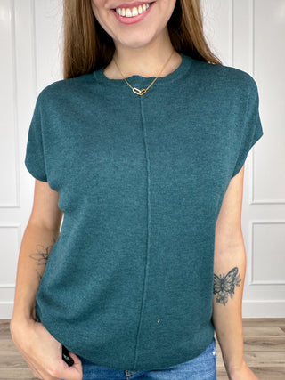Teal knit cap-sleeve top with button-front placket and keyhole neckline detail