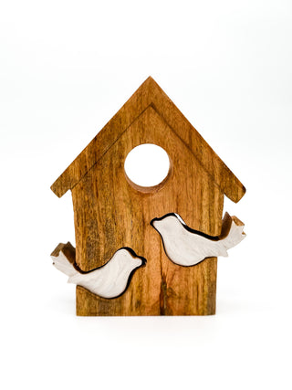 Wooden birdhouse wall decor with circular entry and two white bird cutouts, honey brown