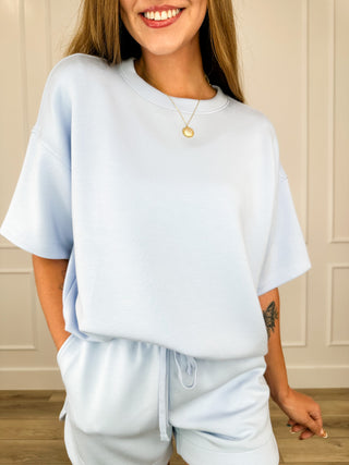 Lightweight short-sleeve crewneck top, light blue, loose draped fit