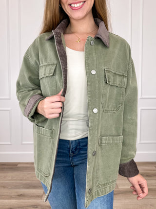 Hard to Believe Cotton Long Sleeve Green Avery Mae Denim Jacket