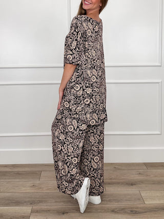 Paisley print tunic top and high-rise wide-leg pants set, side view, black/cream