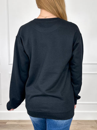 Black crewneck sweatshirt back view with plain fabric and long sleeves